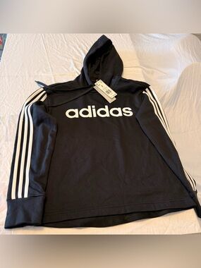 Adidas Black Hoodie with White Logo & Stripes sz S